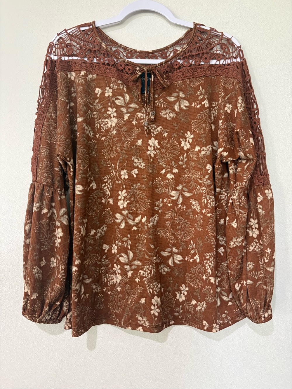 Daytrip Rust Floral Lace Yoke Blouse